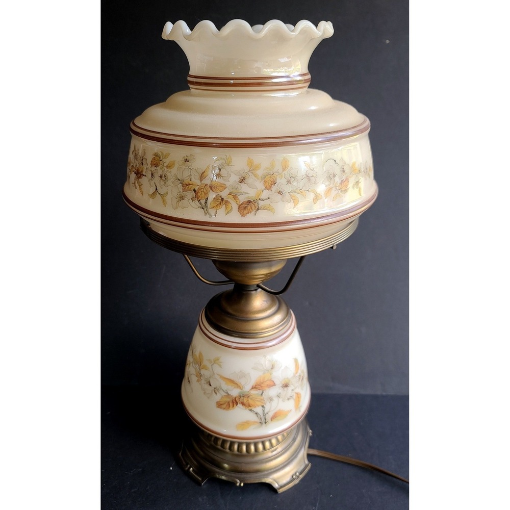 Vintage 1978 Quoizel Hurricane Lamp White Floral Blossoms Autumn Leaves Brass